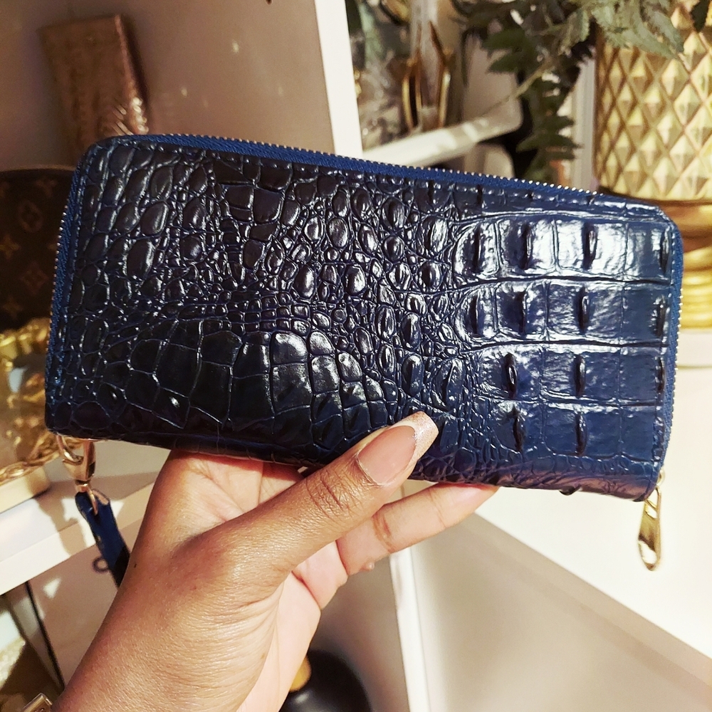 Blue faux croc long wallet